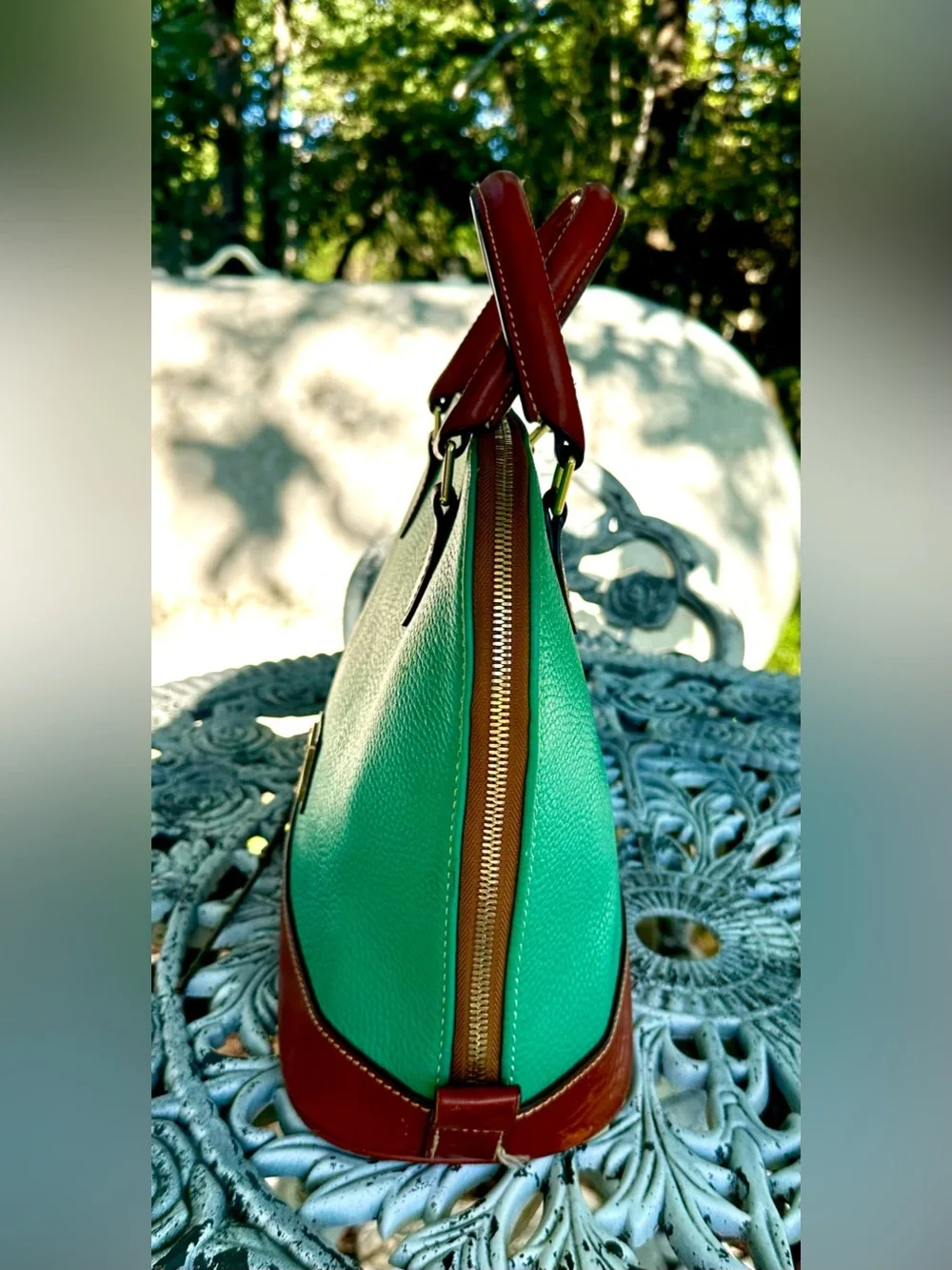 Dooney & Bourke Teal Leather Dome Satchel with Brown Trim